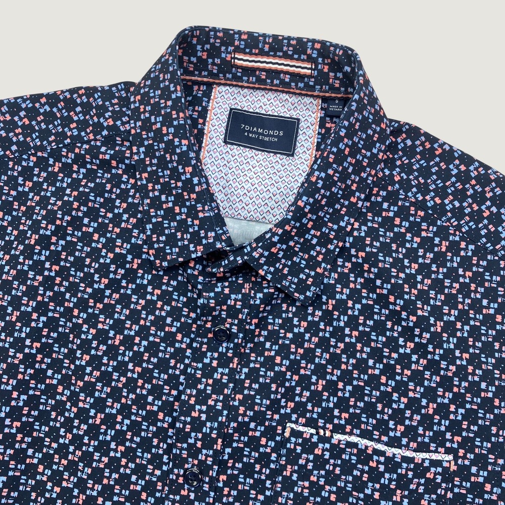 7Diamonds Mens S Short Sleeve Button Up Navy Freedom Train 4-Way Stretch Shirt